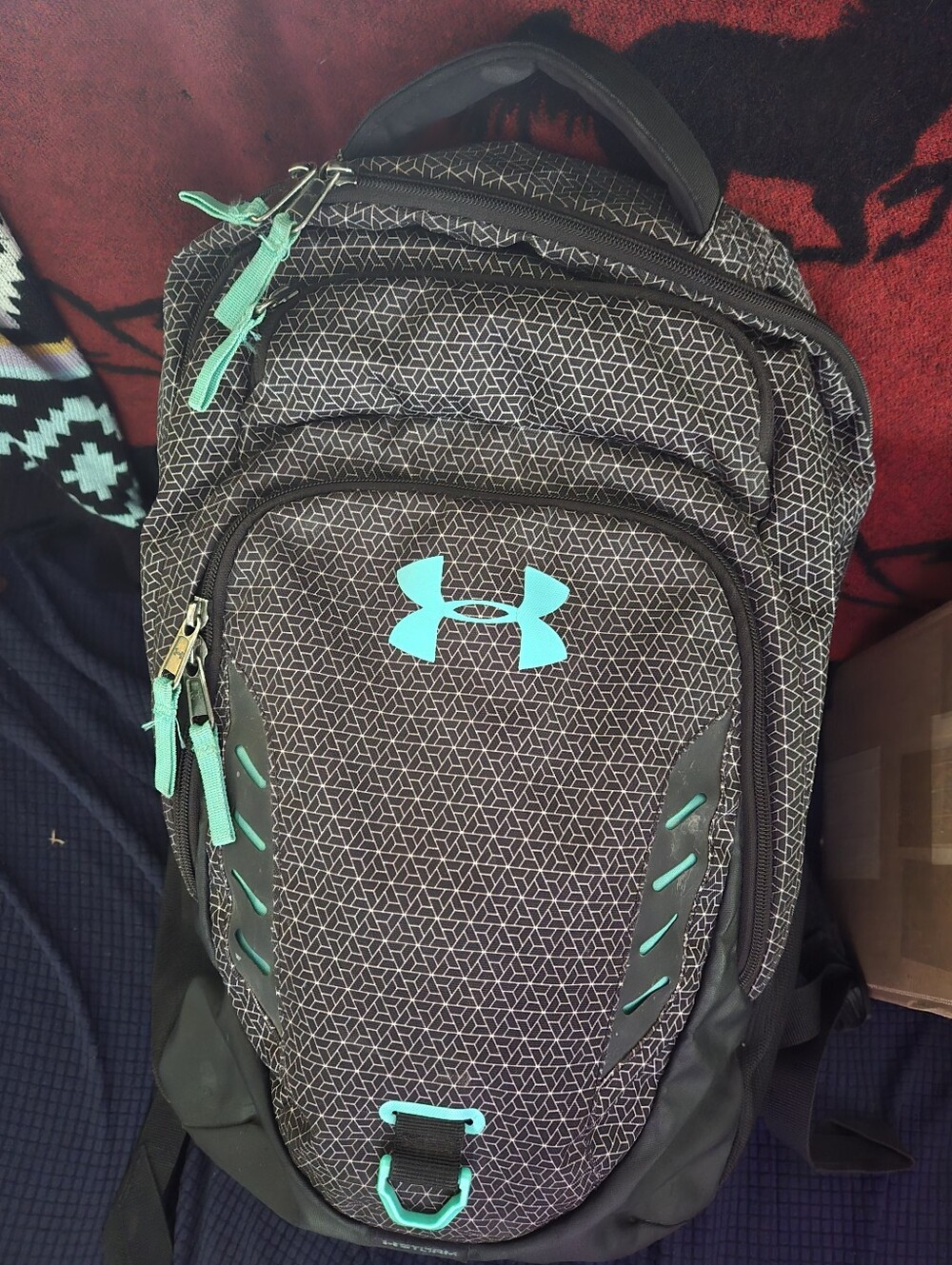 Under Armour Women's Black Geometric Backpack with Teal Accents